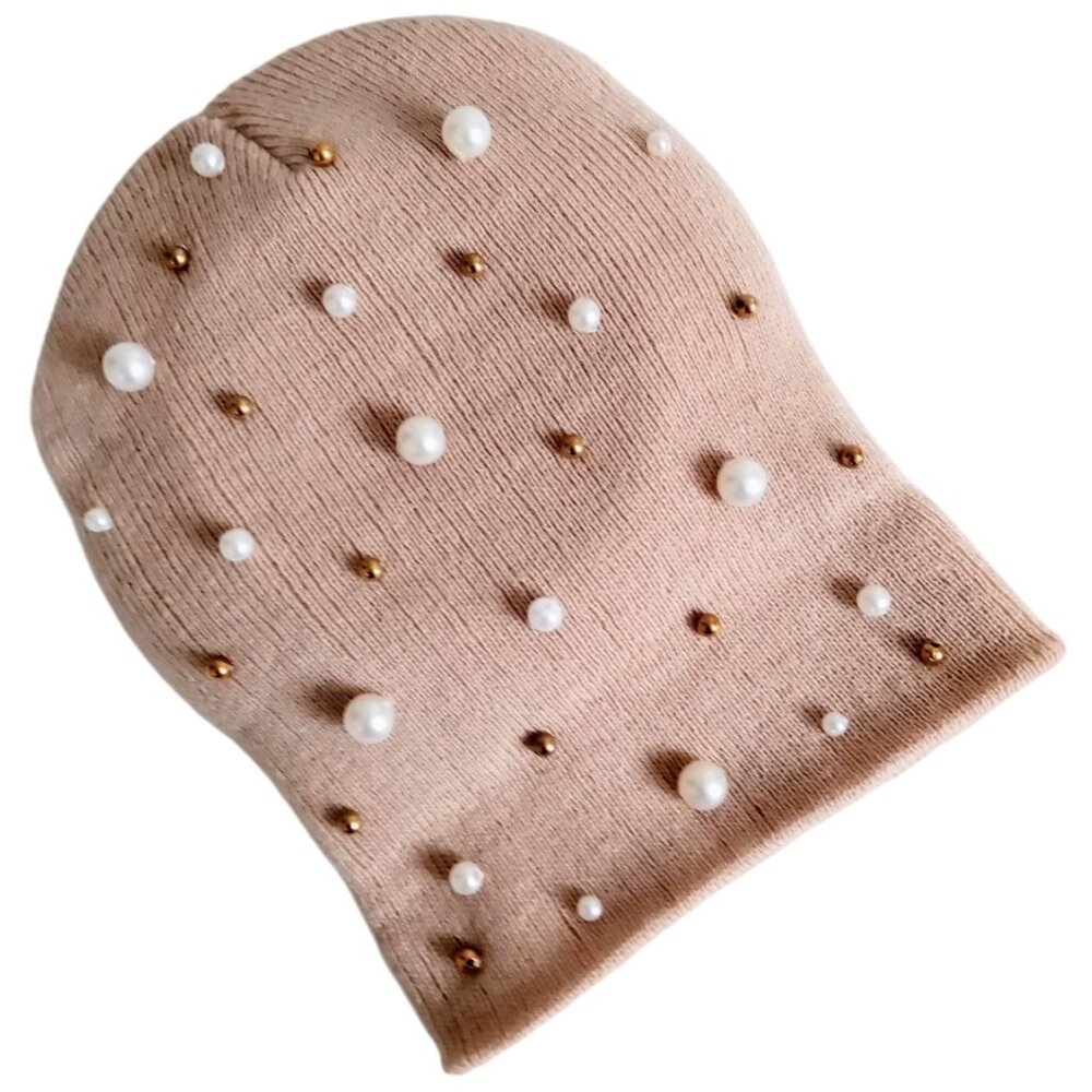 New Women's Embellished Beanie Beaded Knit Beige Cap One Size